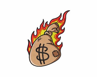 May include: An embroidered patch featuring a tan money bag with a black dollar sign symbol, a small patch detail, and a tied top. The bag is surrounded by stylized flames in vibrant shades of yellow, orange, and red with a thick black outline.