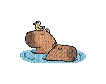 Divertido diseño de bordado de capibara y pato (descarga instantánea)