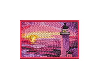Lighthouse Sunset Embroidery Design – Coastal Landscape Machine Embroidery File