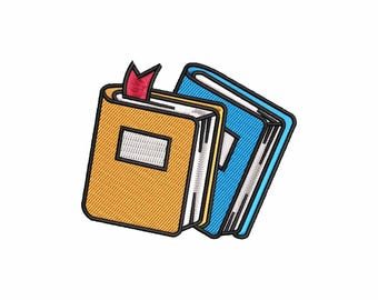 May include: An embroidered patch featuring two books positioned side by side. The front book is yellow with a white rectangular label and a red bookmark. The second book is blue. Both books have thick black outlines and visible stitching details.