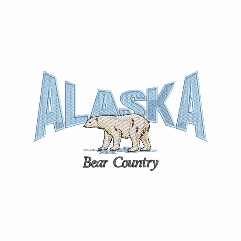 May include: A blue and white embroidered design of the word "Alaska" with a polar bear walking below it. The text "Bear Country" is below the bear.