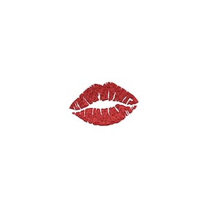 May include: A red lipstick kiss mark on a white background.