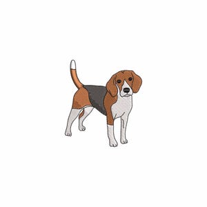 Può includere: Un cane beagle ricamato con una combinazione di colori bianco, marrone e nero. Il cane è in piedi con la coda alzata e ha una punta bianca. Il beagle ha orecchie marroni e muso bianco.