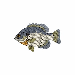 May include: Embroidered image of a bluegill fish, featuring a detailed design with blue, green, yellow, and white scales. The fish has a dark blue dorsal fin and tail, with a yellow eye and orange accents. The fish is set against a white background.