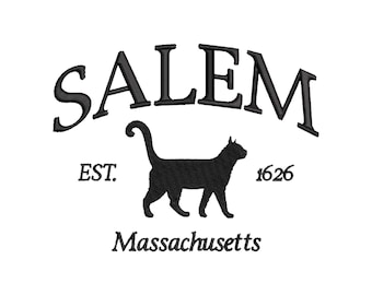 Ricamo di un gatto nero, Salem Massachusetts, ricami di tendenza per Halloween, stagione spettrale, ricami a macchina