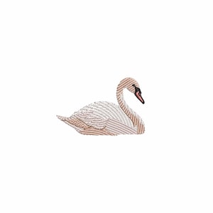 May include: An embroidered swan with a white body and a beige neck and head. The swan's beak is black and pink. The swan is depicted in a side profile, with its neck curved gracefully.