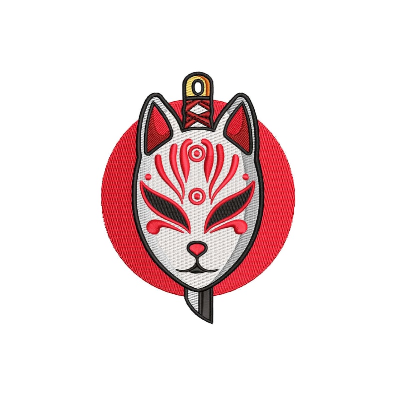 May include: A white fox mask with red and black details, pierced by a black katana sword with a gold hilt. The mask is set against a red circle.