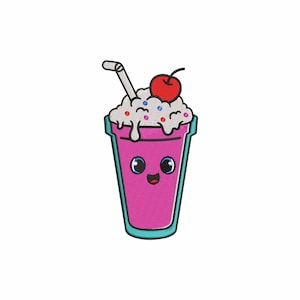 May include: A pink milkshake with a white whipped cream top, a red cherry, and a straw. The milkshake has a cute cartoon face with big eyes and a smile.