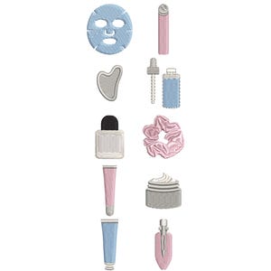 May include: An embroidered design featuring various self-care items. Includes a blue face mask, a pink roller, a gray gua sha tool, a dropper bottle, a white bottle, a pink scrunchie, a white jar of cream, two tubes of cream, and a pink hair clip.