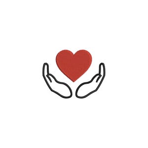 May include: A red heart is held between two black outlined hands on a white background. The heart has a textured appearance, and the hands are cupped, suggesting care or support. The image is a simple, graphic representation of love and compassion.