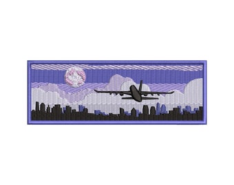 Flugzeug und Wolkenkratzer Maschinenstickmuster, trendige Stickmuster, Stickmuster, Stickdateien, digitaler Download