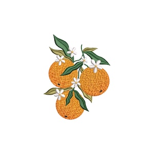 Könnte beinhalten: Gesticktes Design von drei Orangen mit grünen Blättern und weißen Blüten. Die Orangen haben eine strukturierte orange Farbe, und die Blätter sind dunkelgrün. Die weißen Blüten verleihen dem Design eine zarte Note.