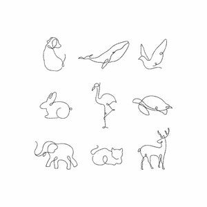 Puede incluir: Un conjunto de nueve dibujos de línea de diferentes animales, incluyendo un perro, una ballena, un pájaro, un conejo, un flamenco, una tortuga, un elefante, un gato y un ciervo. Los dibujos son simples y elegantes, y serían perfectos para usar en una variedad de proyectos.