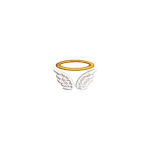 May include: A white angel wing with a gold halo above it.