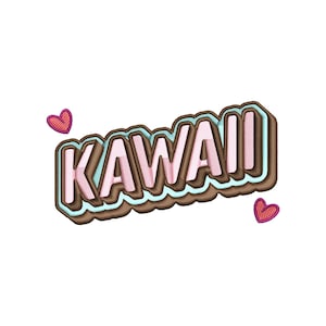 May include: A pink and brown 3D word "KAWAII" with a blue outline. Two pink hearts are on either side of the word.