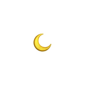 May include: A gold crescent moon embroidery design. The moon is a bright yellow color and has a textured appearance. The design is set against a plain white background.