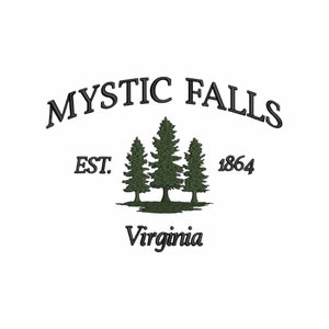 May include: Black and white logo with the text "MYSTIC FALLS EST. 1864 Virginia" in a curved arch above a silhouette of three pine trees.