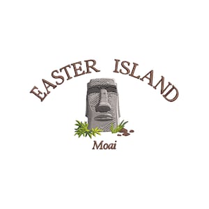May include: A brown and white illustration of a Moai statue from Easter Island. The statue is surrounded by green plants and brown rocks. The text "Easter Island" is written in a brown arch above the statue. The text "Moai" is written below the statue.
