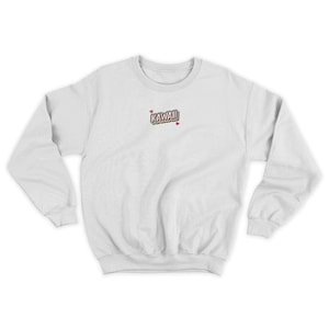 May include: White sweatshirt with a pink and brown "KAWAII" graphic with two pink hearts above and below the text.