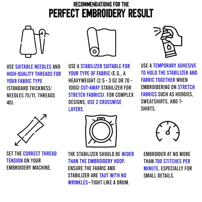 May include: A black and white infographic with illustrations and text providing recommendations for achieving the perfect embroidery result. The infographic includes tips on using the right needles and thread, choosing the correct stabilizer, setting the thread tension, and embroidering at the right speed.