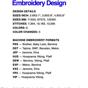 May include: A blue graphic with the words "Machine Embroidery Design." Details include sizes in inches (2.8x2.1", 3.8x2.9", 4.8x3.6") and millimeters (71x53, 97x72, 122x91). The design has 6 colors and 5 color changes. Formats include PES, DST, JEF, HUS, SEW, EXP, XXX, VP3, and VIP.