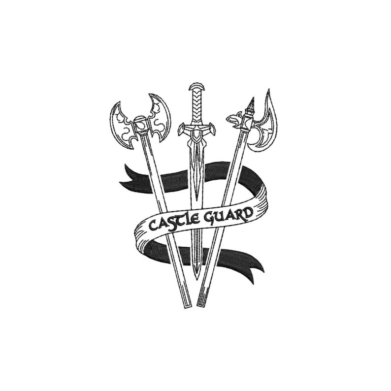 K&ouml;nnte beinhalten: Schwarz-wei&szlig;-Illustration von drei Waffen, einer Axt, einem Schwert und einem Dolch, die &uuml;ber einem Banner mit der Aufschrift "Castle Guard" gekreuzt sind.