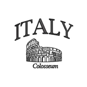May include: Black and white illustration of the Colosseum in Rome, Italy. The text "ITALY" is above the image and the text "Colosseum" is below the image.