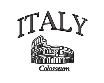 May include: Black and white illustration of the Colosseum in Rome, Italy. The text "ITALY" is above the image and the text "Colosseum" is below the image.