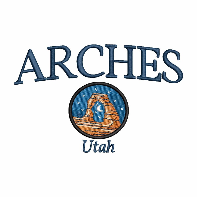 Arches National Park embroidery design featuring the iconic Delicate Arch under a starry Utah sky in a vintage travel aesthetic, machine embroidery file preview for hiking and national park themes.