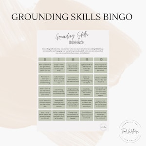 Könnte beinhalten: Eine grüne und weiße Bingokarte mit dem Titel "Grounding Skills Bingo". Die Karte hat 25 Felder mit verschiedenen Erdungstechniken, die in jedem Feld aufgelistet sind. Die Karte soll Menschen helfen, Erdungstechniken zu üben, wenn sie sich überfordert fühlen.