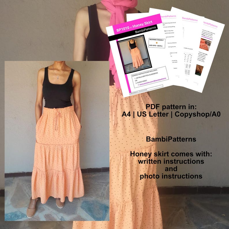 Honey Long Flowy Maxi Tiered Skirt PDF Sewing Pattern - Size US 0-22 ...