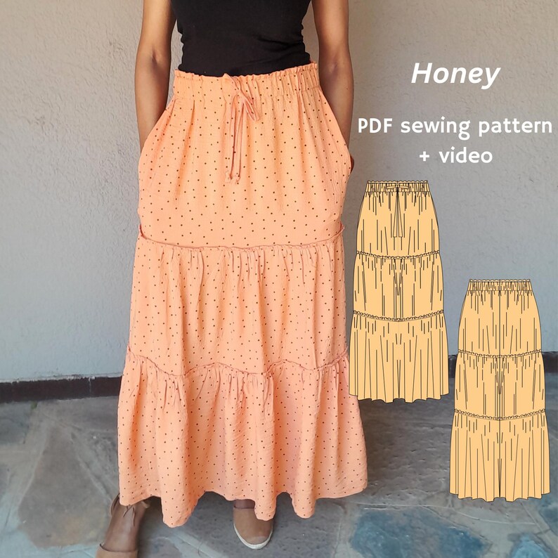 Honey Long Flowy Maxi Tiered Skirt PDF Sewing Pattern - Size US 0-22 ...
