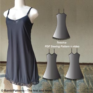 Pode incluir: Um vestido preto com alças ajustáveis e decote em V. A bainha é adornada com renda preta. A imagem também inclui uma ilustração de padrão com o texto "Tessica PDF Sewing Pattern + video".