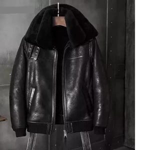 Men&#39;s Black B3 RAF Flight Bomber Aviator Leather Jacket Real Sheepskin Leather Jacket Shearling Fur Jacket