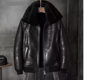 Men's Black B3 RAF Flight Bomber Aviator Leather Jacket Real Sheepskin Leather Jacket Shearling Fur Jacket