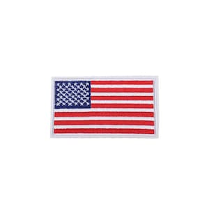 May include: A white embroidered patch with a red, white, and blue American flag.