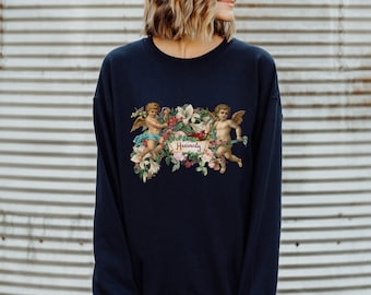 Heavenly Floral Cherub Sweatshirt, Graphic Sweatshirt, Vintage Sweatshirt, Floral Sweatshirt, Trendy Sweater