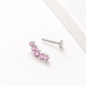 May include: A silver-toned flat back stud earring featuring a curved row of five round, faceted pink stones. The metal post is straight and attached to a circular flat base, designed for secure placement in a piercing with a polished finish.