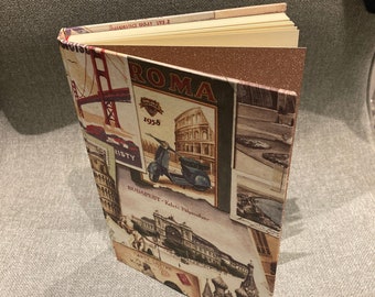 A5 travel notebook with vintage landmarks cover and cream 120g paper, handmade, hand sewn, diary, journal, 2023, to plan your gap year trip