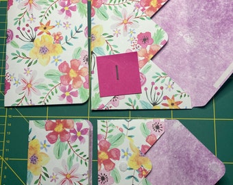 Two floral notecards and matching envelopes. Handmade. All different. One A6 size and one mini. Greetings, birthday or thank you card.