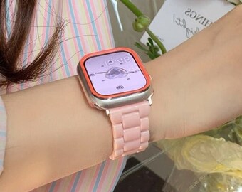 Color Apple Watch Resin Bracelet Strap Pink White 40mm 41mm 44mm 45mm 49mm Women Case Cover Charms iWatch Series 9 8 7 6 SE 1 2 3 4 5