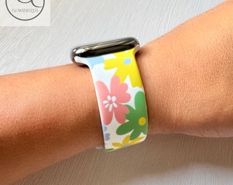 Pasek silikonowy do zegarka Apple Watch z nadrukiem w pastelowe kwiaty, damski, własny projekt, pasuje do modeli z serii 11 do SE o średnicy 38-49 mm, kobiet i mężczyzn, świetny prezent