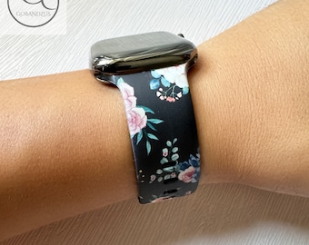 Black Blossom Floral Printed Silicone Apple Watch Band Women Own Design Fits 38-49mm Series 11 to SE Women Gifts for Her Mom iWatch Strap