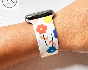 Colorful Flower Custom Printed Silicone Apple Watch Band Women Own Design Fits 38-49mm Series 11 to SE Women Men Great Gifts iWatch Strap