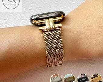 May include: A gold-toned metal mesh watch band with a polished finish and a rectangular connector piece. The band features a fine, woven texture and is attached to a dark, smooth watch casing. Four small circular icons show variations.