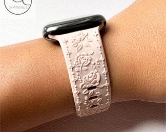 Pink Sand Embossed Floral Silicone Apple Watch Band Ultra 38-49 mm Soft & Durable Multiple Colors Strap iWatch Series 11 to SE