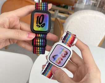 Rainbow Braided Nylon Elastic Band Apple Watch Ultra 40mm 41mm 44mm 45mm Women Men Stretchy Strap Black White Series 9 8 7 6 5 4 3 2 1 SE