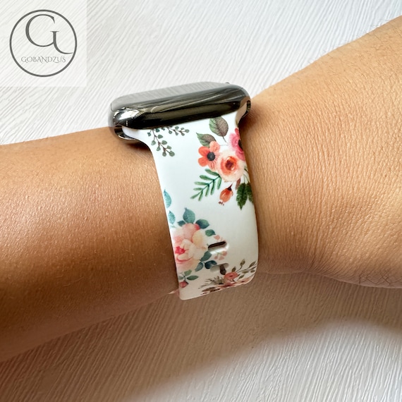 White Bloom Floral Printed Silicone Apple Watch Band Women Own Design Fits 38-49mm Series 11 to SE Women Gifts for Her Mom iWatch Strap