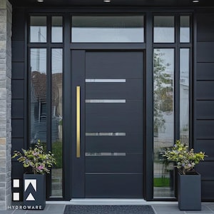 Op de afbeelding: Een moderne zwarte voordeur met een verticale gouden handgreep en horizontale zilveren accenten. De deur wordt omgeven door grote ramen en geflankeerd door twee zwarte plantenbakken met groen. Het logo "HYDROWARE" is zichtbaar.