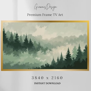 May include: A digital art print of a forest scene with a gold frame. The artwork features a misty landscape with dark green trees and a light green and beige sky. The text "Giannis Design" and "Premium Frame TV Art" are at the top.